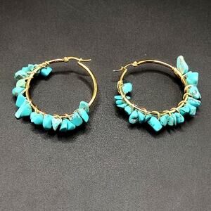 Gold Tone Turquoise Earrings Hoop Dangle BOHO Vintage Birthday Valentines